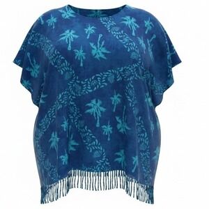 Bali Batiks‎ Blue Hand Painted Palm Tree Fringe Poncho Top Resort Wear NWT